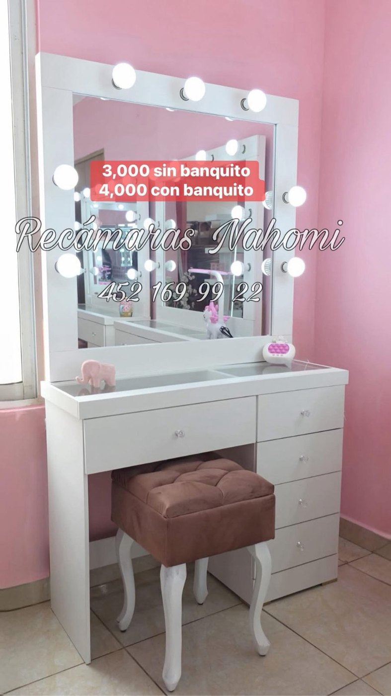 Tocador Blanco con Focos y Banquito