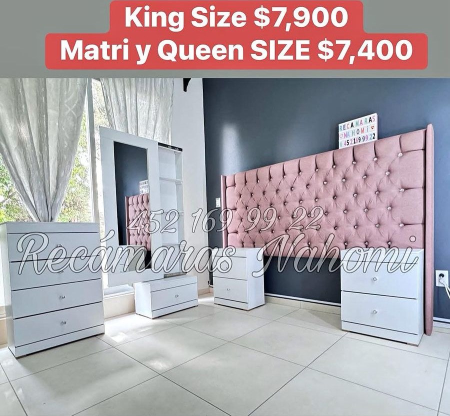 Recámara Capitonada Rosa con Muebles Blancos
