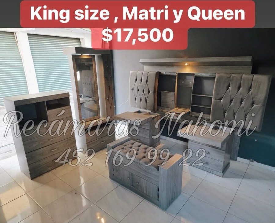 Recámara King Parota Tono Gris con Librero y Espejo