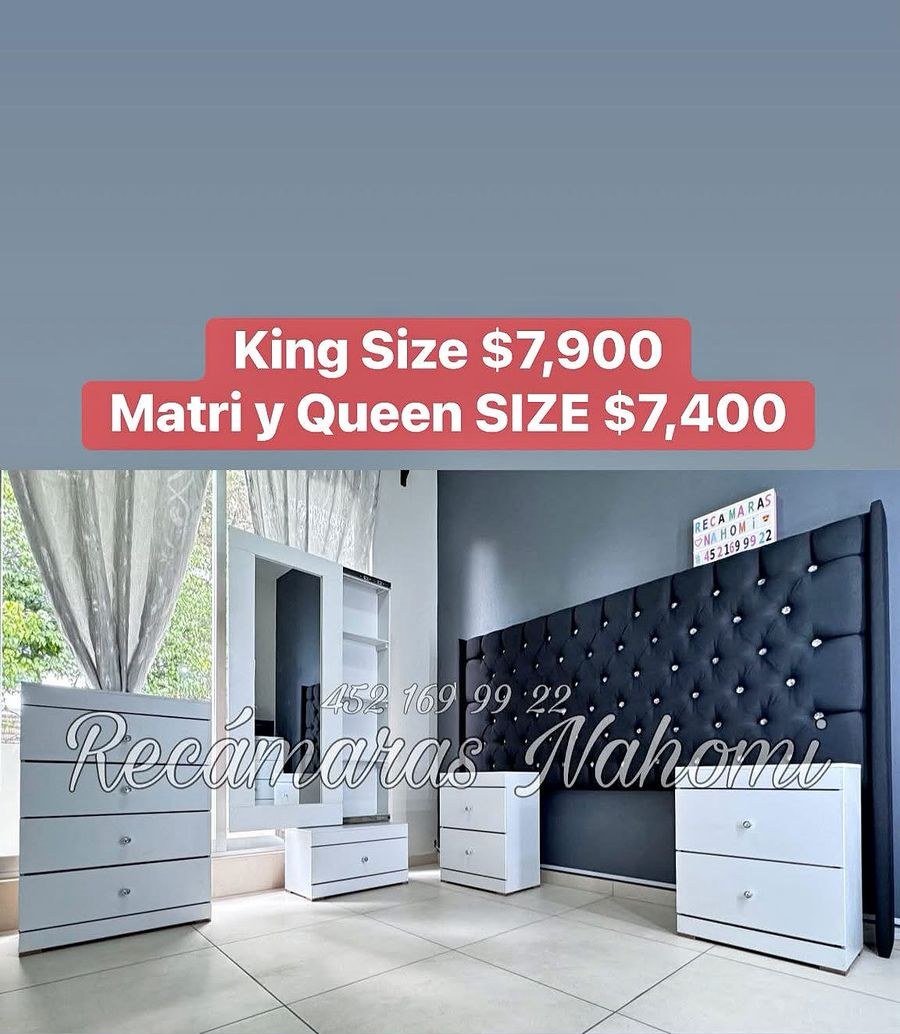 Recámara Capitonada Negra con Muebles Blancos