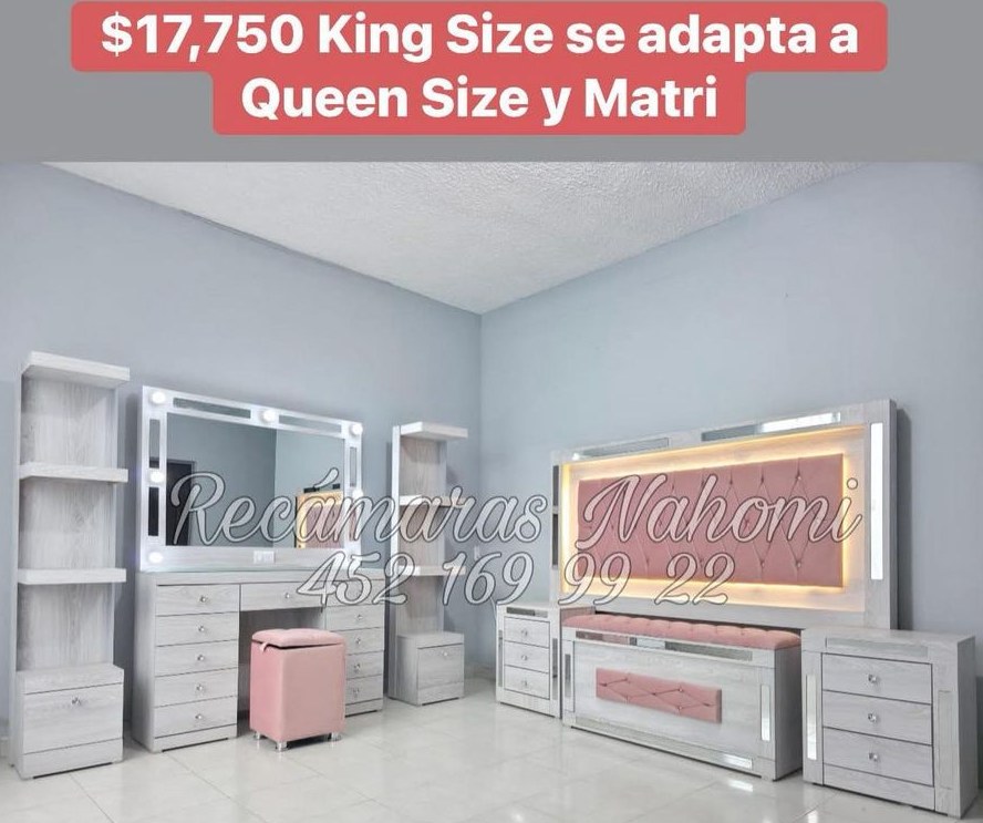 Recámara King Blanca con Cabecera Rosa y Tocador Iluminado
