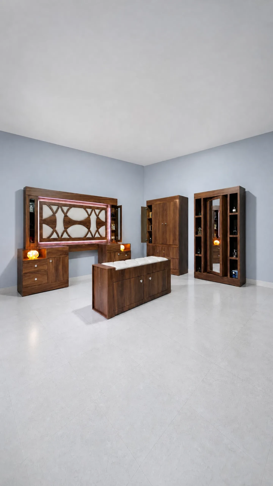 Recámara King Size Nahomi de madera con tocador iluminado