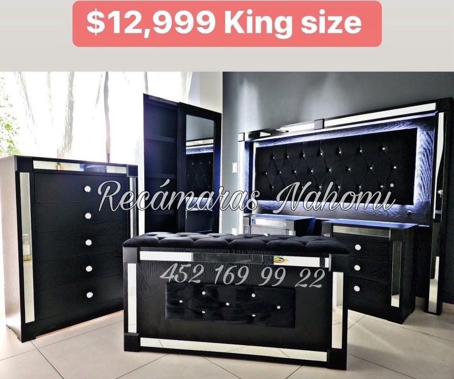 Recámara King Negra Premium con Baúl y Tocador